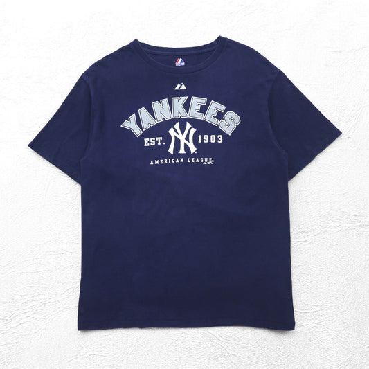 majestic ベースボール プリント Tシャツ L ネイビー MLB NEWYORK YANKEES ホンジュラス製