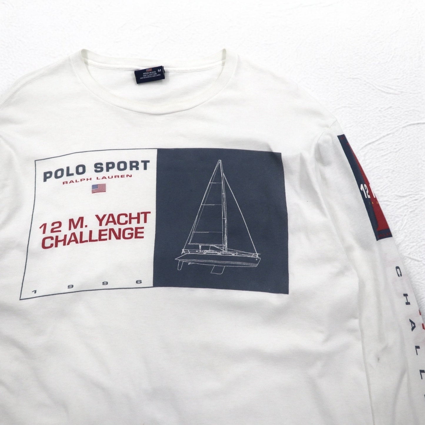 POLO SPORT RALPH LAUREN 90年代 USA製 ロングスリーブ Tシャツ ロンT XL ホワイト 12M. YACHT CHALLENGE 袖プリント