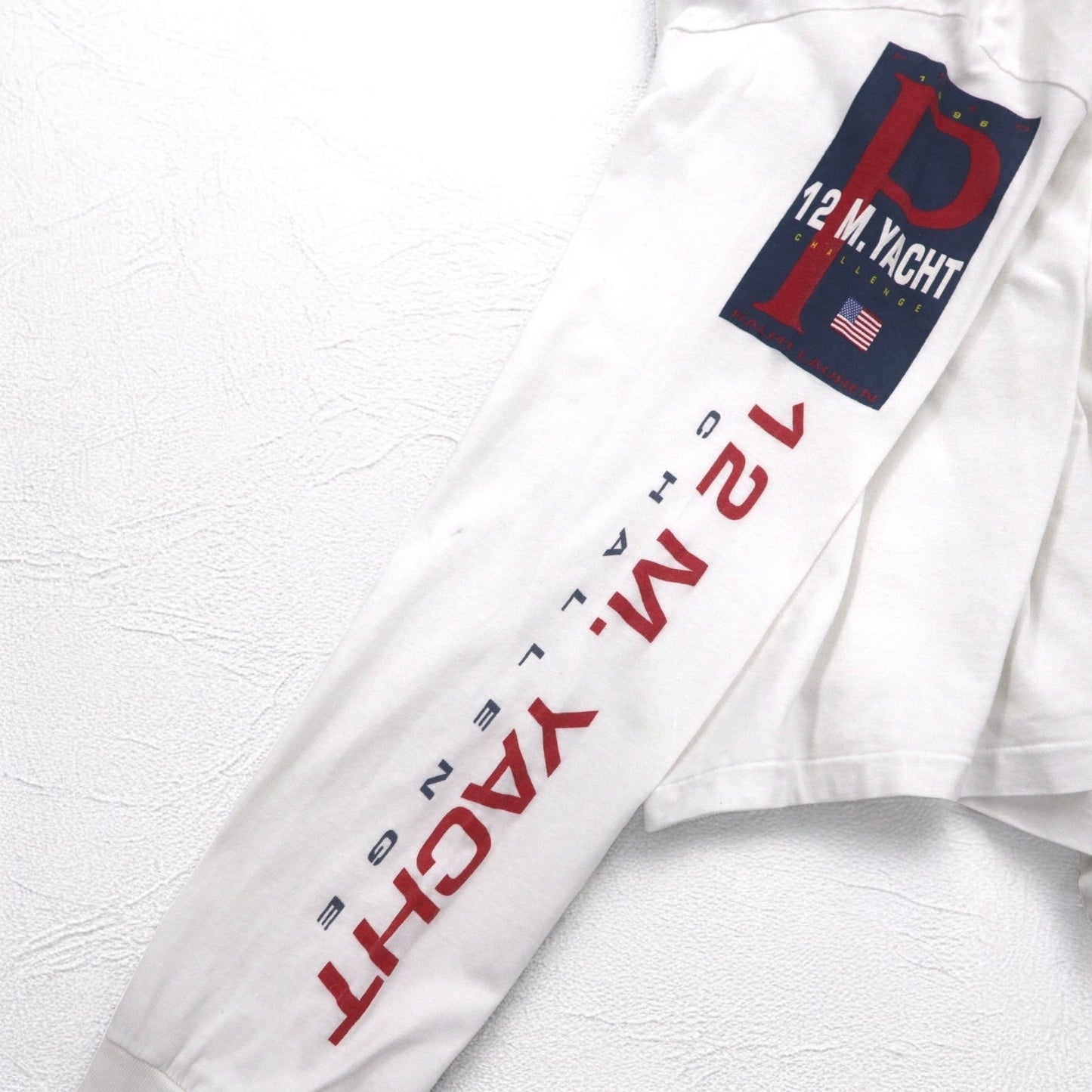 POLO SPORT RALPH LAUREN 90年代 USA製 ロングスリーブ Tシャツ ロンT XL ホワイト 12M. YACHT CHALLENGE 袖プリント