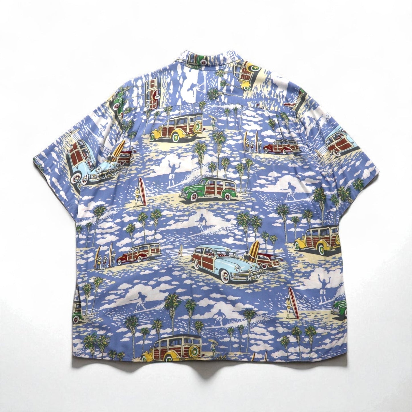 ART OF EDDY Y by REYN SPOONER 90年代 ハワイ製 クラシックカー アロハシャツ XL ブルー スパンレーヨン