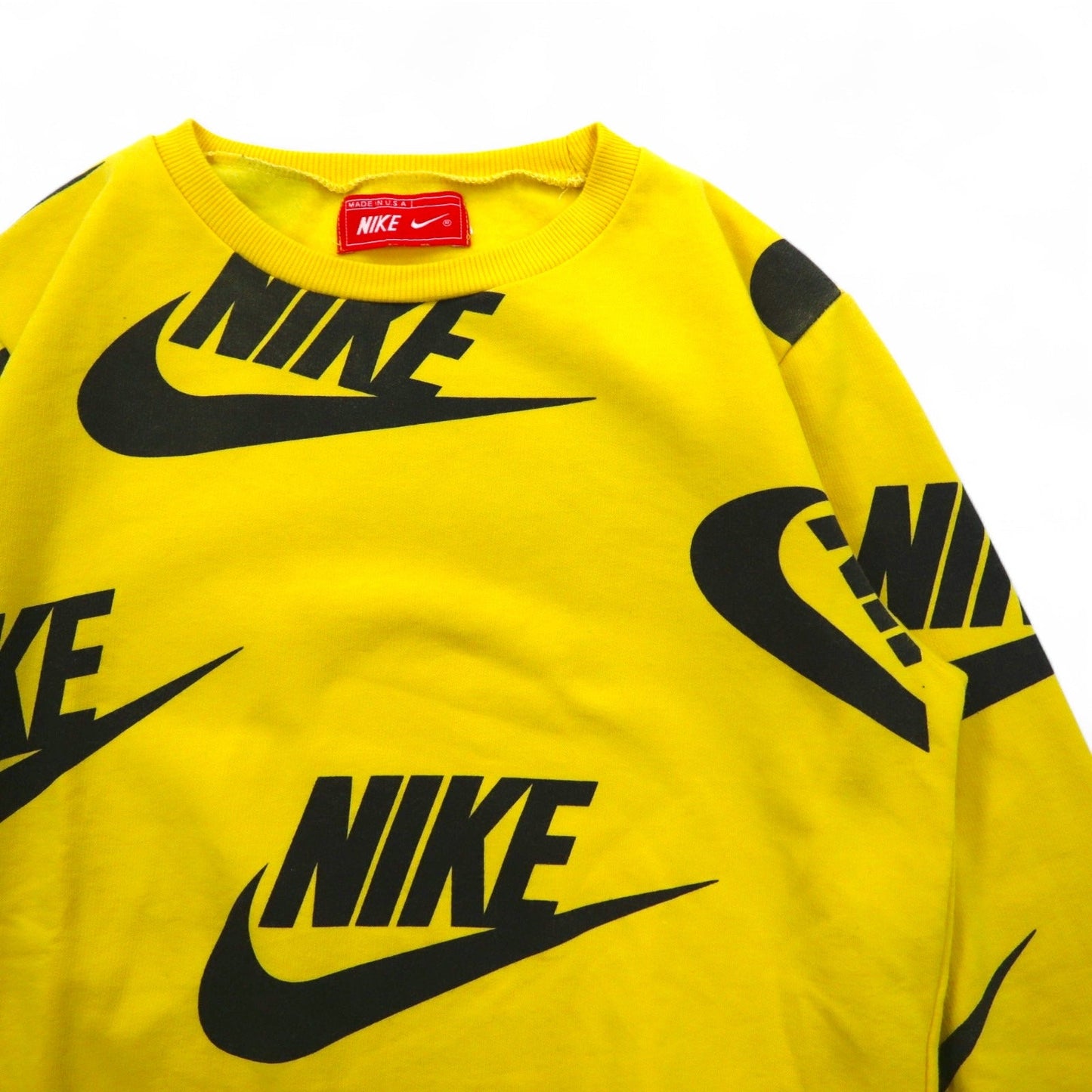 NIKE USA製 スウォッシュロゴ 総柄 スウェット M イエロー コットン 裏起毛