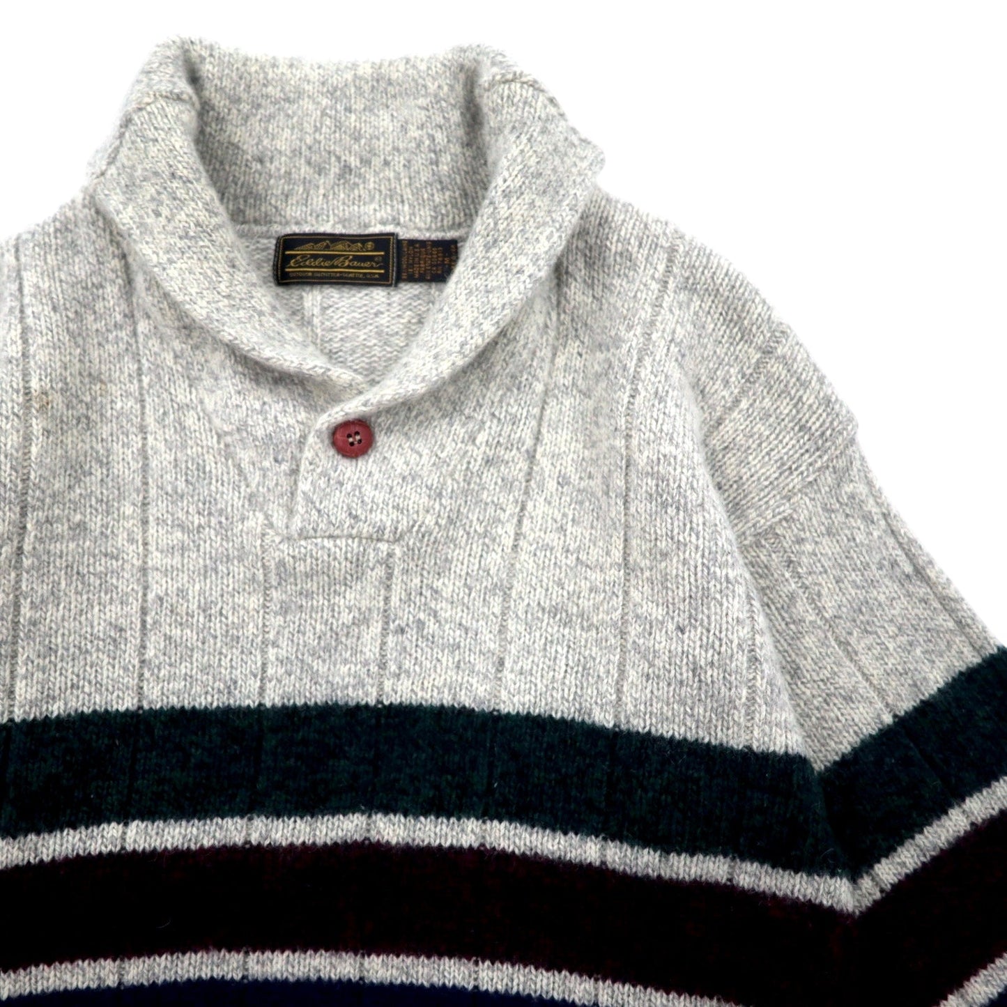 Eddie Bauer 90年代 USA製 ショールカラー ニット セーター M グレー ボーダー ウール
