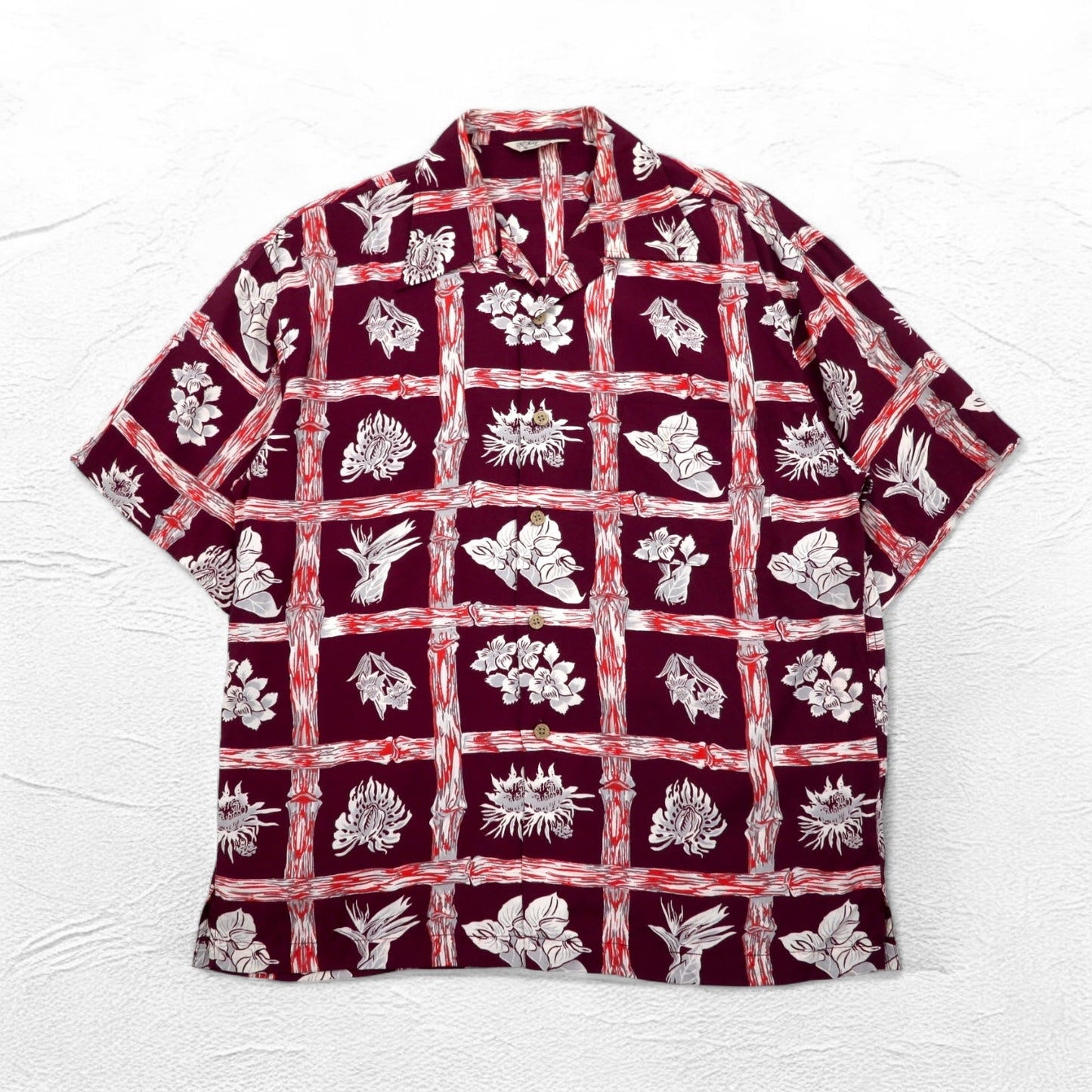 Navy Flag オープンカラー 開襟 アロハシャツ M ボルドー レーヨン 総柄 ハイビスカス