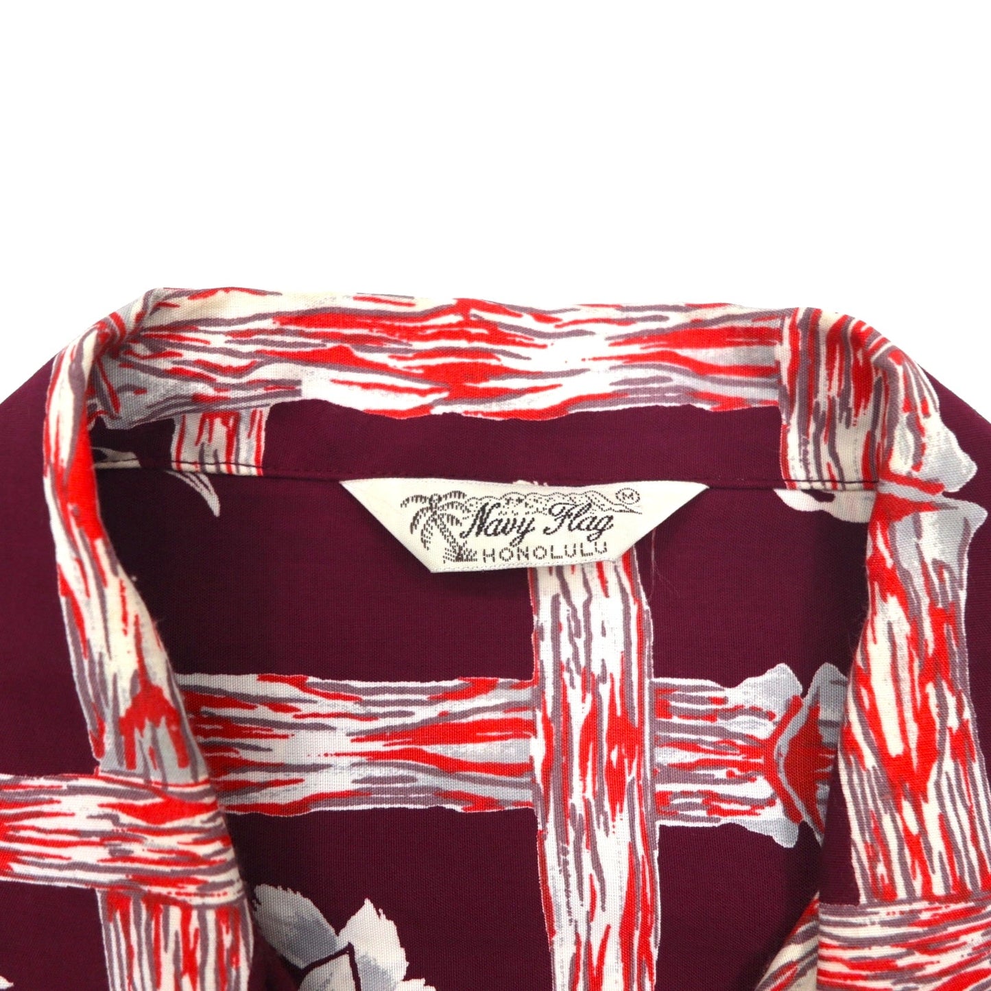 Navy Flag オープンカラー 開襟 アロハシャツ M ボルドー レーヨン 総柄 ハイビスカス