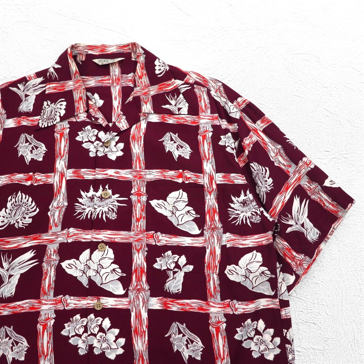 Navy Flag オープンカラー 開襟 アロハシャツ M ボルドー レーヨン 総柄 ハイビスカス