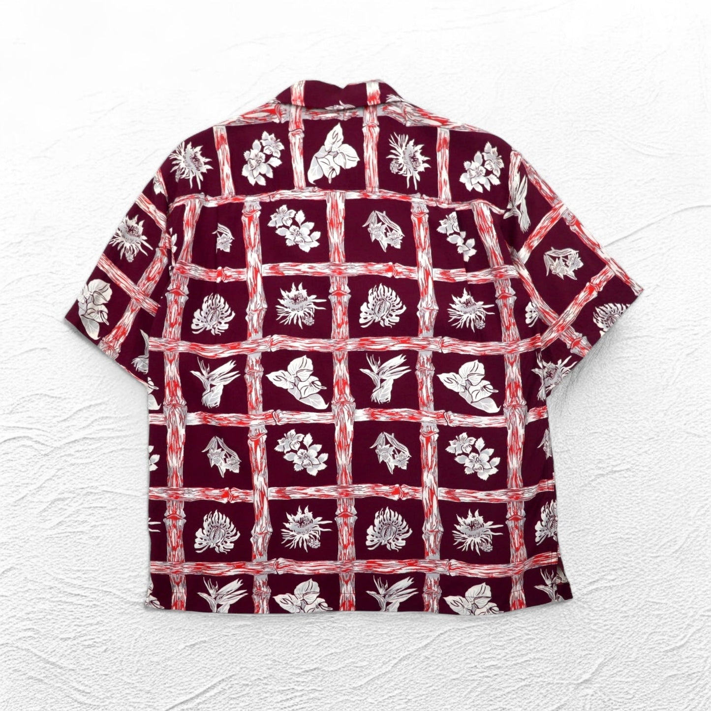 Navy Flag オープンカラー 開襟 アロハシャツ M ボルドー レーヨン 総柄 ハイビスカス