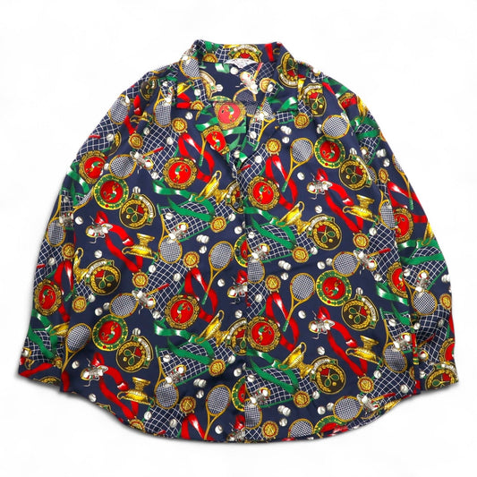 Vintage 90s Japan Made Open Collar Retro Shirt Ram Roll スカーフ柄 オープンカラーシャツ ポリシャツ XL ネイビー レトロ