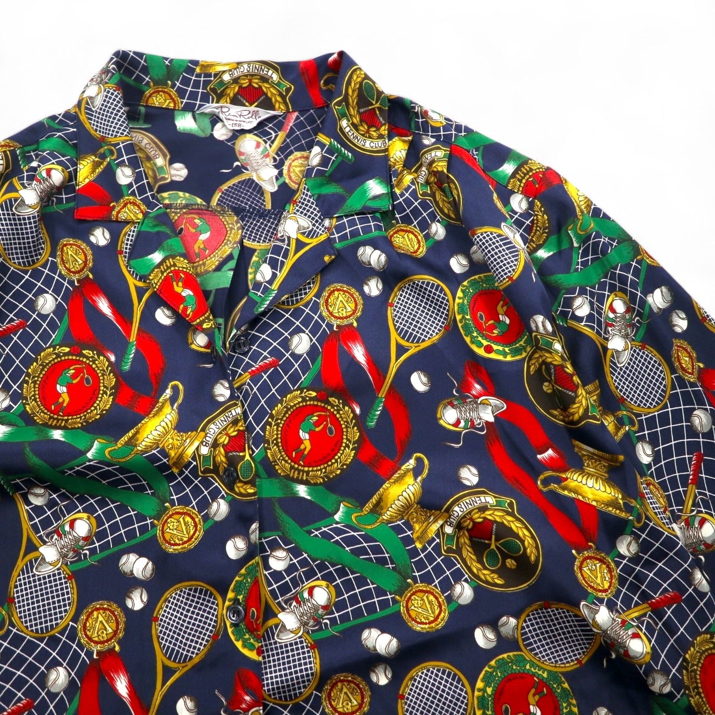 Vintage 90s Japan Made Open Collar Retro Shirt Ram Roll スカーフ柄 オープンカラーシャツ ポリシャツ XL ネイビー レトロ