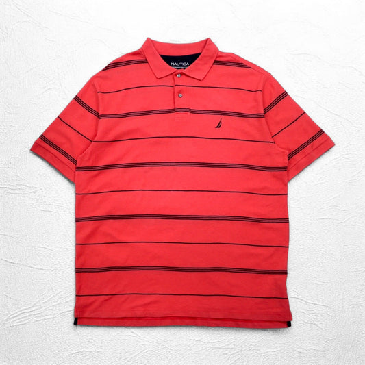 NAUTICA クラシックフィット ボーダー ポロシャツ 2XL ピンク 鹿の子 PERFORMANCE DECK SHIRT ワンポイントロゴ刺繍