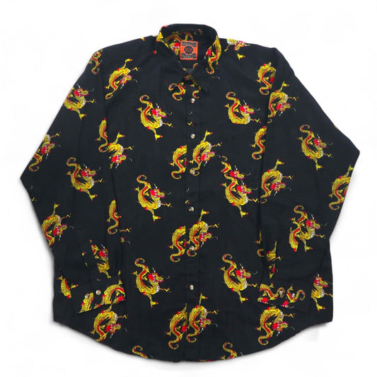Vintage 90s China Dragon Patterned Shirt DAGACCI ポリシャツ XL ブラック 総柄 龍