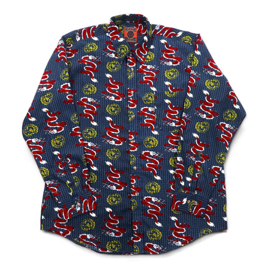 Vintage 90s China Dragon Patterned Shirt DAGACCI ポリシャツ L ブルー 総柄 龍
