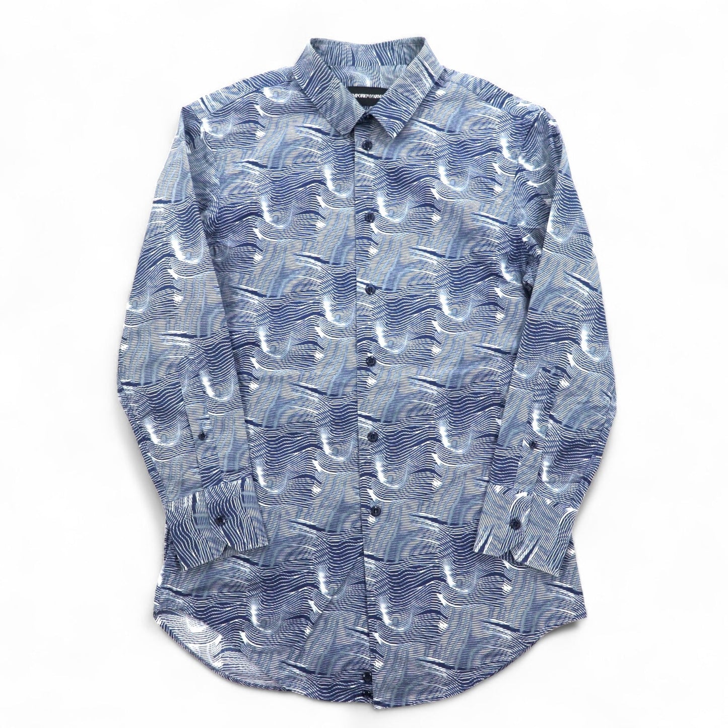 EMPORIO ARMANI 総柄 ドレスシャツ S ネイビー コットン チュニジア製
