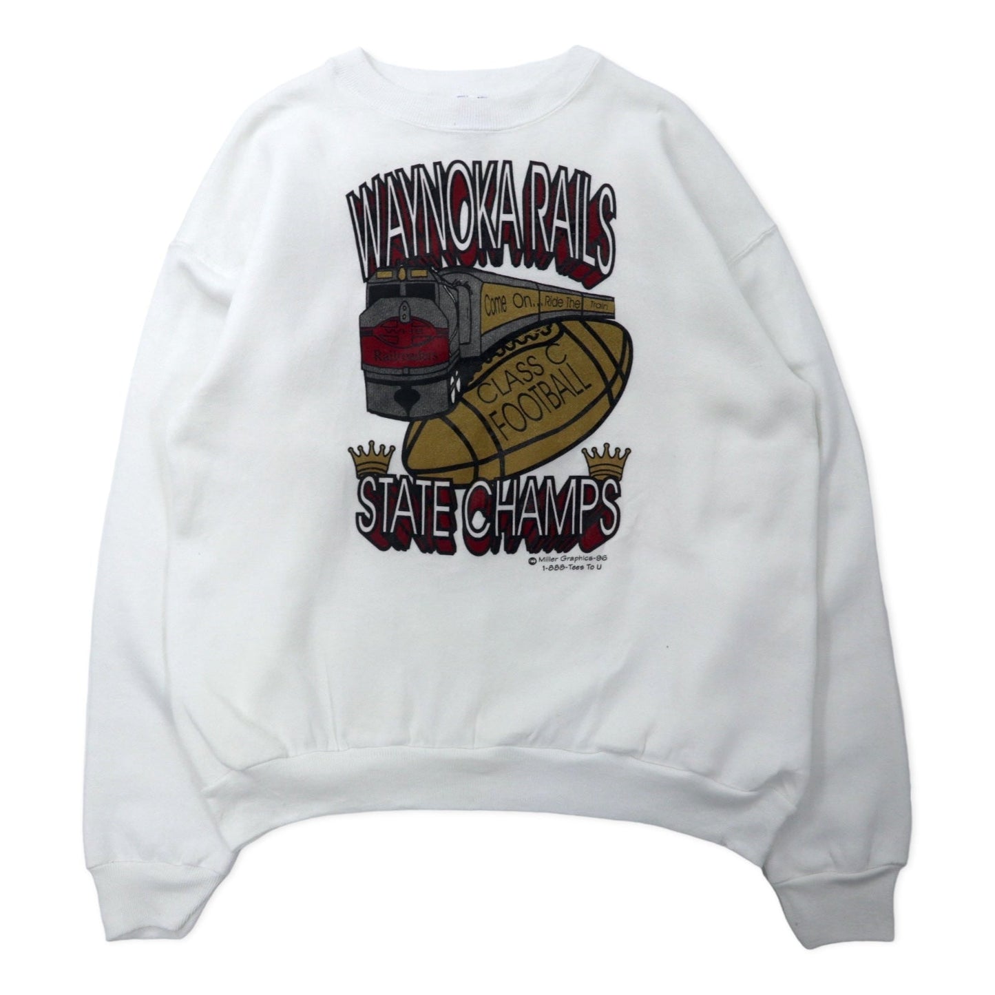 Hanes USA製 90年代 ACTIVE WEAR フットボール プリント スウェット L ホワイト コットン 裏起毛 両面プリント WAYNOKA RAILS