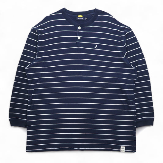NAUTICA ヘンリーネック ロングスリーブTシャツ ロンT 3XL ネイビー ボーダー ビッグサイズ