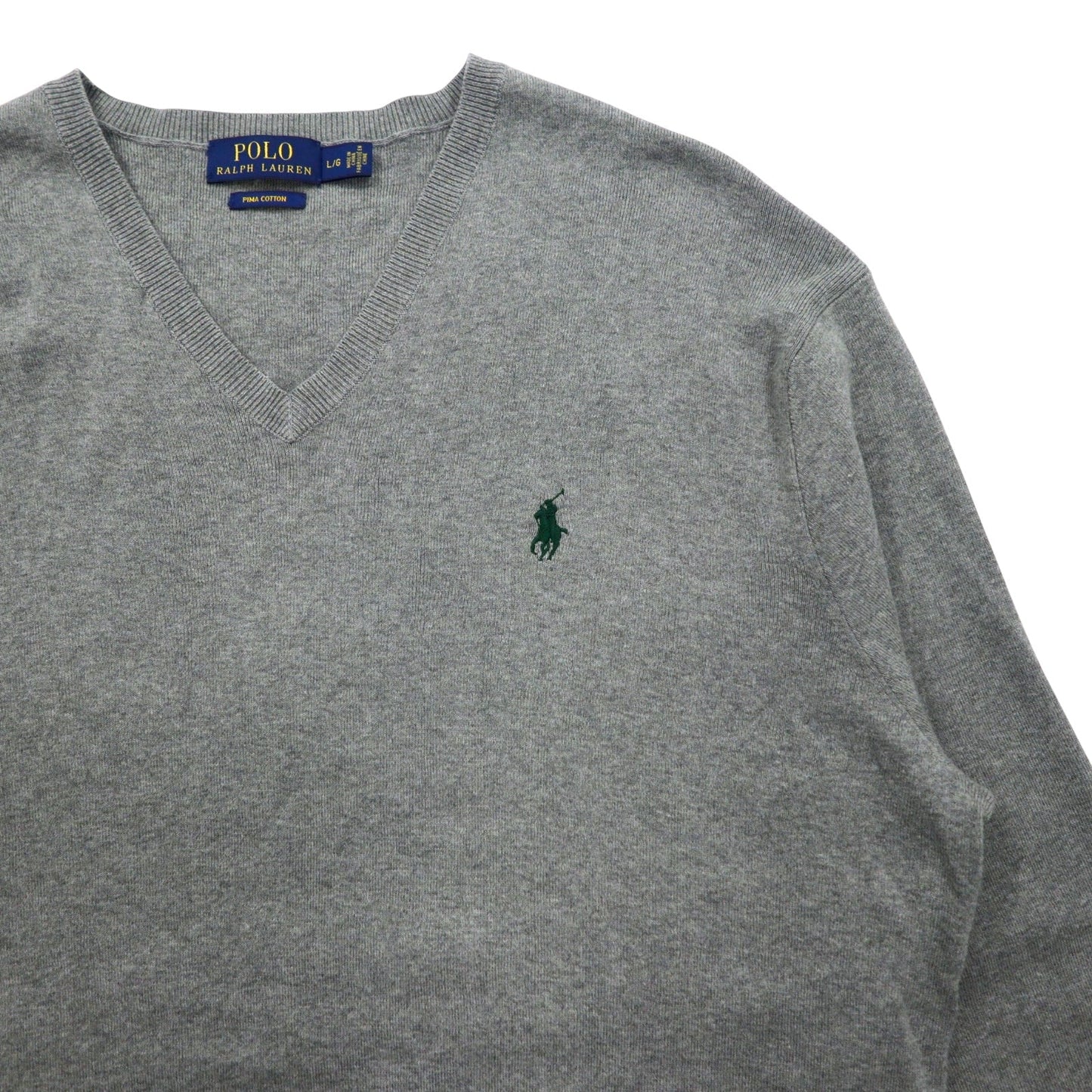 POLO RALPH LAUREN Vネック ピマコットン ニット セーター L グレー スモールポニー 刺繍 PIMA COTTON