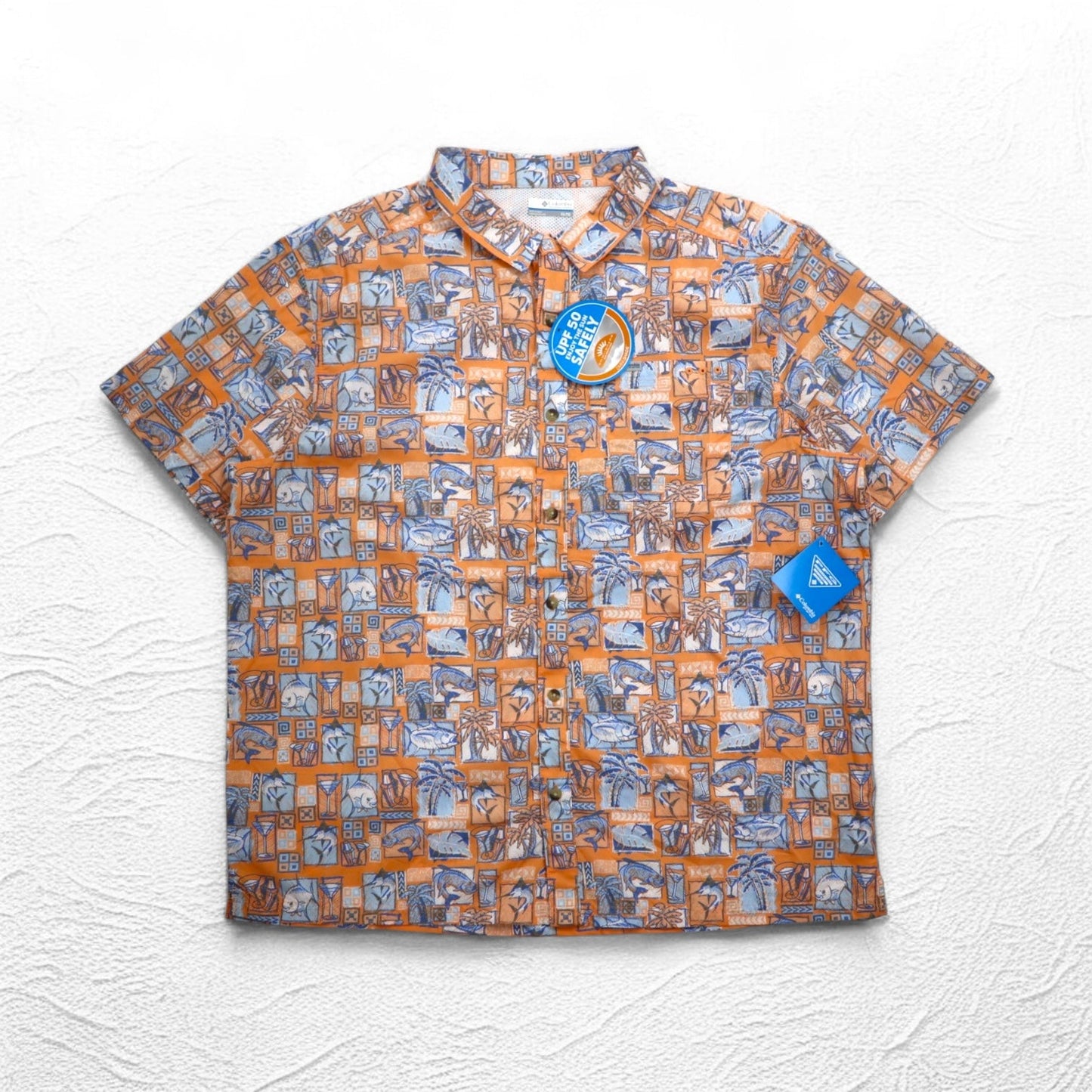 Columbia PFG UVカット アロハシャツ 半袖 ボタンダウンシャツ XL オレンジ 総柄 OMNI-SHADE メッシュライナー 未使用品