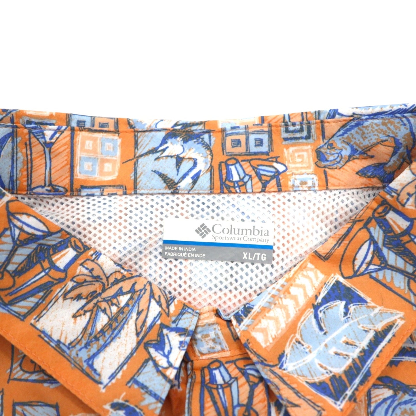 Columbia PFG UVカット アロハシャツ 半袖 ボタンダウンシャツ XL オレンジ 総柄 OMNI-SHADE メッシュライナー 未使用品