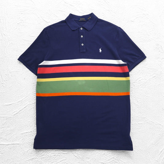 POLO RALPH LAUREN ボーダー ポロシャツ M ネイビー コットン 鹿の子 スモールポニー刺繍