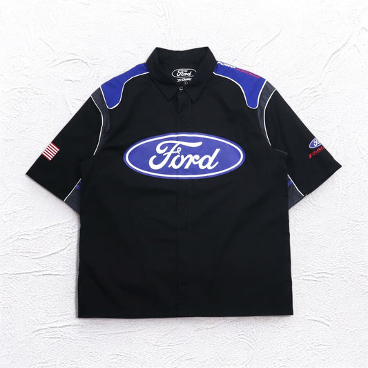 Ford by JEFF HAMILTON 半袖 レーシングシャツ L ブラック スナップボタン 両面プリント