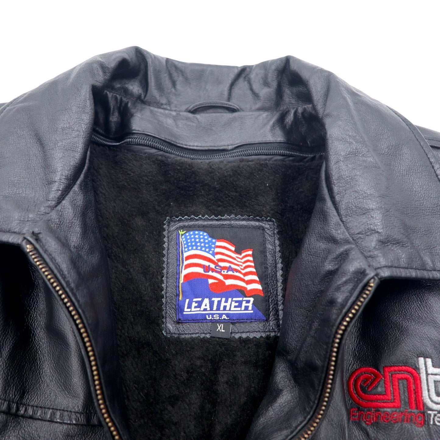 U.S.A. LEATHER 90年代 レザージャケット XL ブラック ライナー着脱式 entec US企業 刺繍 ジップアップ