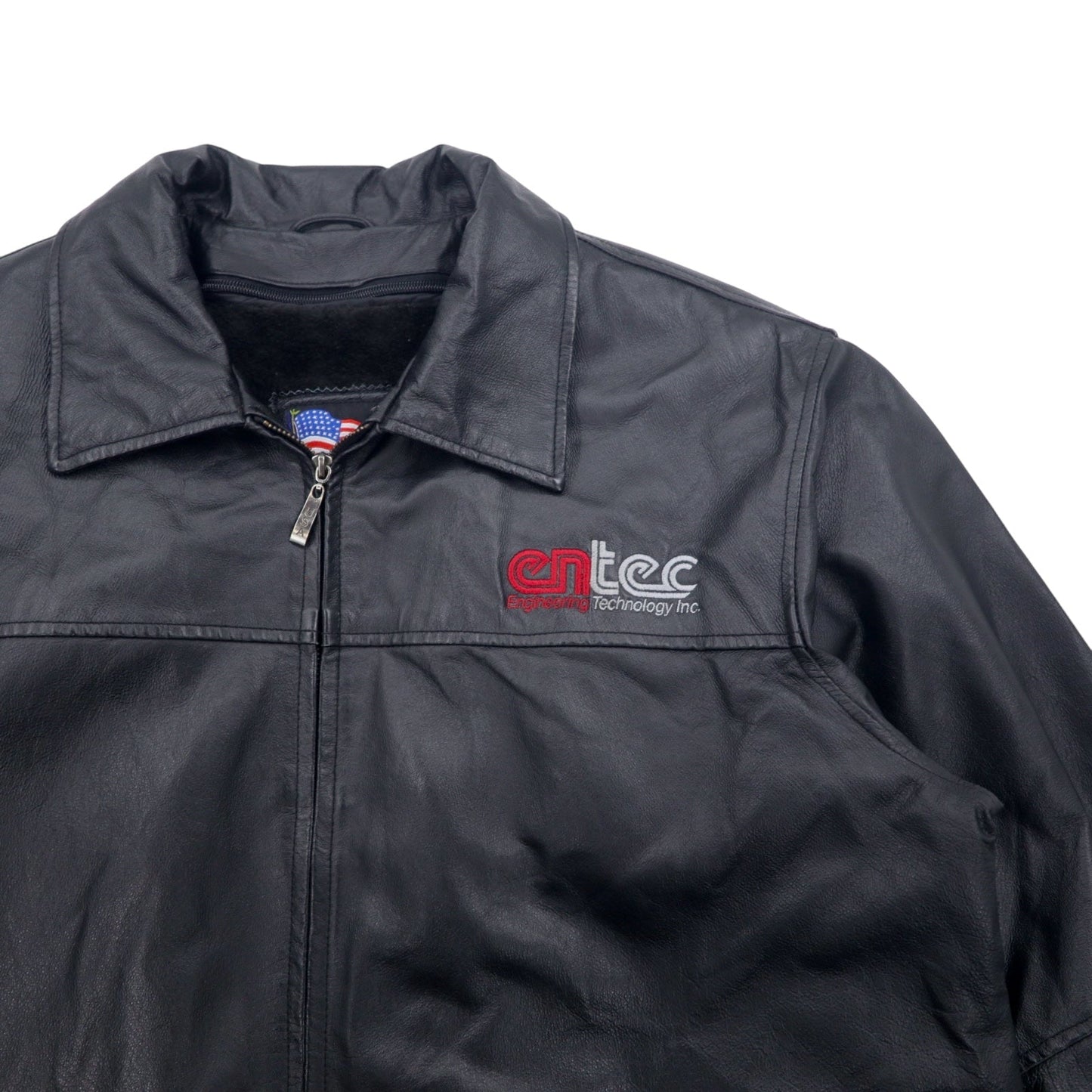 U.S.A. LEATHER 90年代 レザージャケット XL ブラック ライナー着脱式 entec US企業 刺繍 ジップアップ