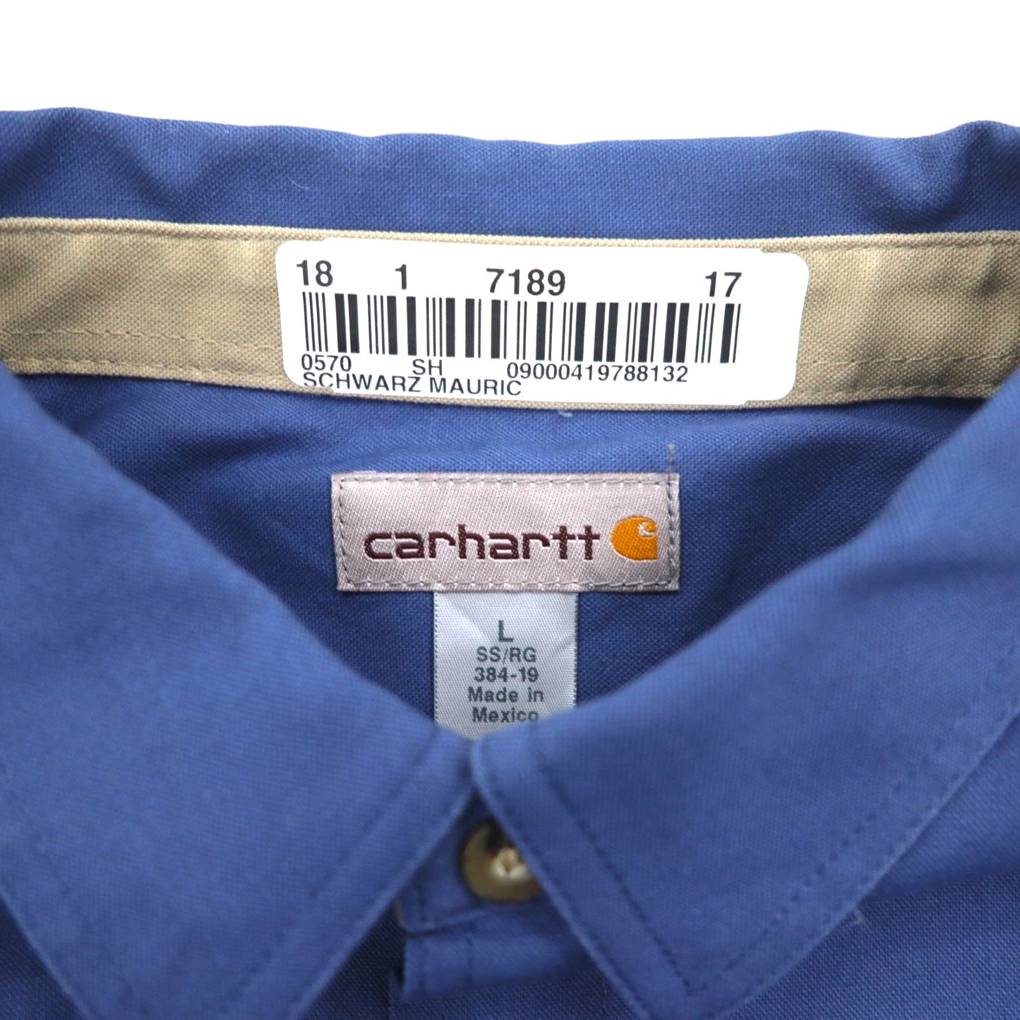 carhartt 半袖ワークシャツ L ネイビー コットン 胸ポケット アメリカ企業刺繍 TIMBER 384-19 メキシコ製
