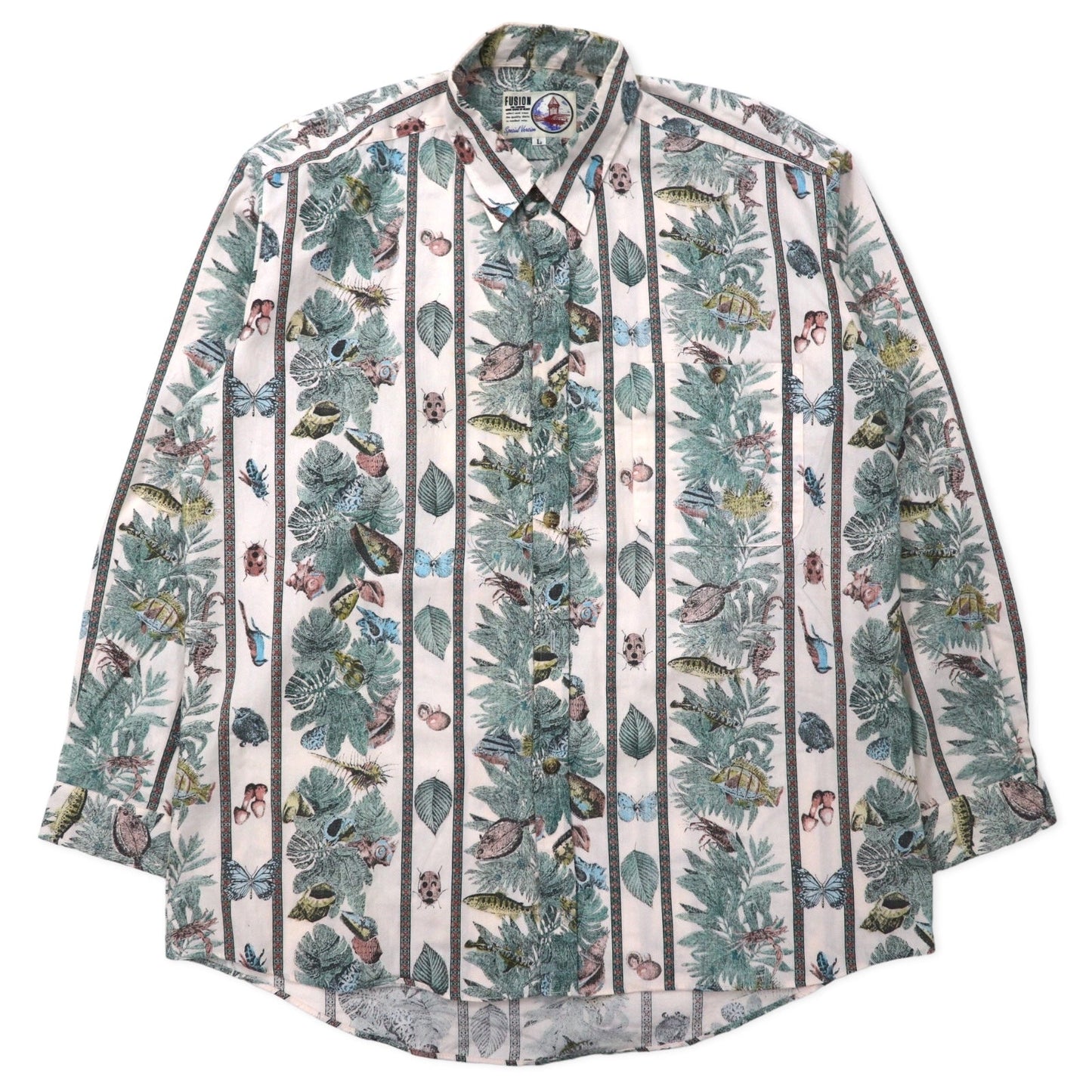 FUSION 総柄 ドレスシャツ L ホワイト ストライプ コットン 魚 虫 ボタニカル 日本製