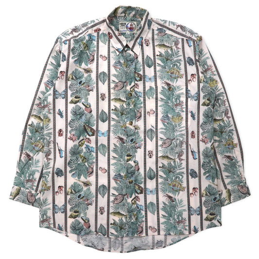 FUSION 総柄 ドレスシャツ L ホワイト ストライプ コットン 魚 虫 ボタニカル 日本製
