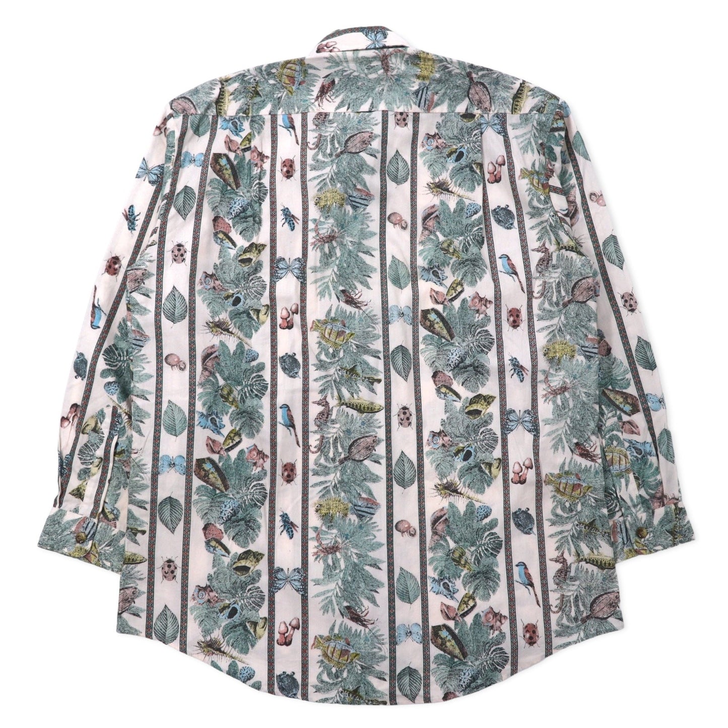 FUSION 総柄 ドレスシャツ L ホワイト ストライプ コットン 魚 虫 ボタニカル 日本製