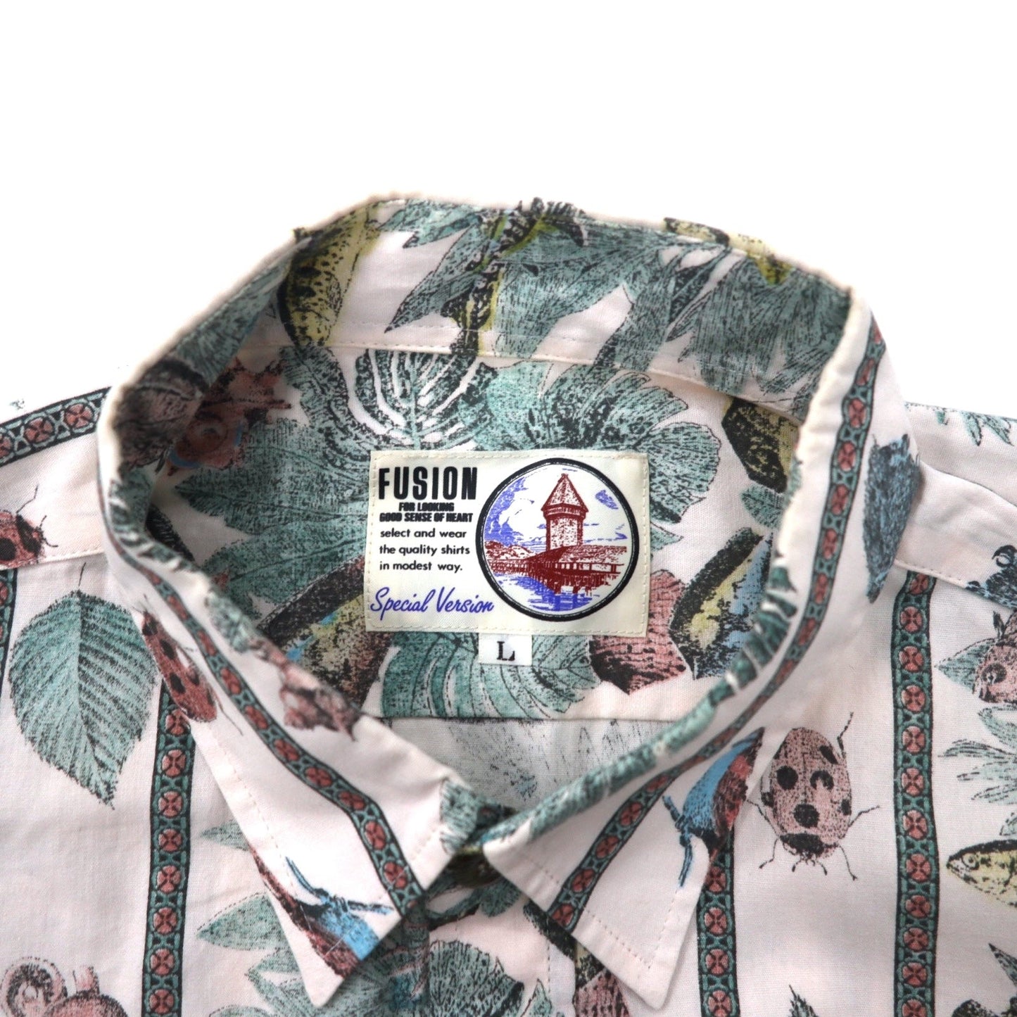 FUSION 総柄 ドレスシャツ L ホワイト ストライプ コットン 魚 虫 ボタニカル 日本製