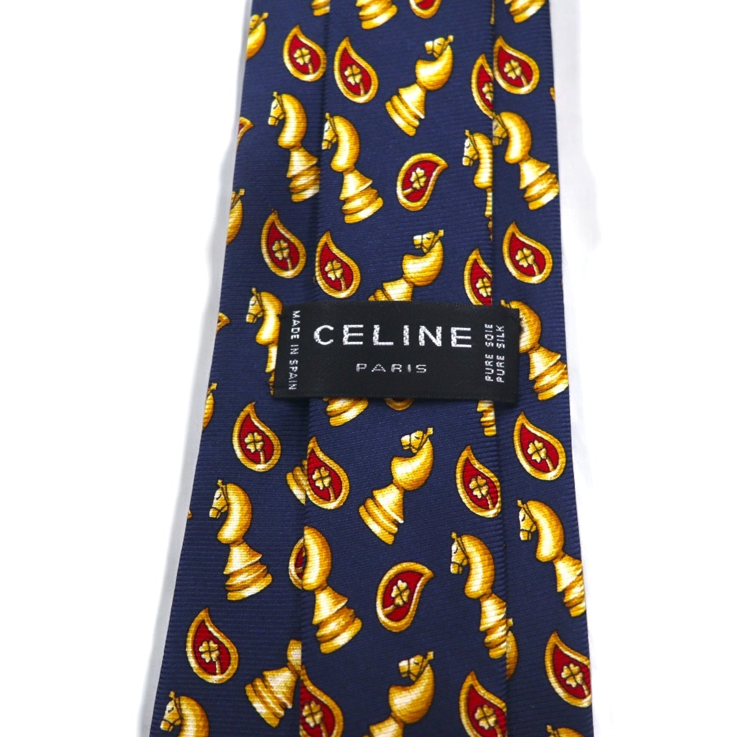 CELINE スペイン製 ネクタイ ネイビー シルク 総柄 チェス