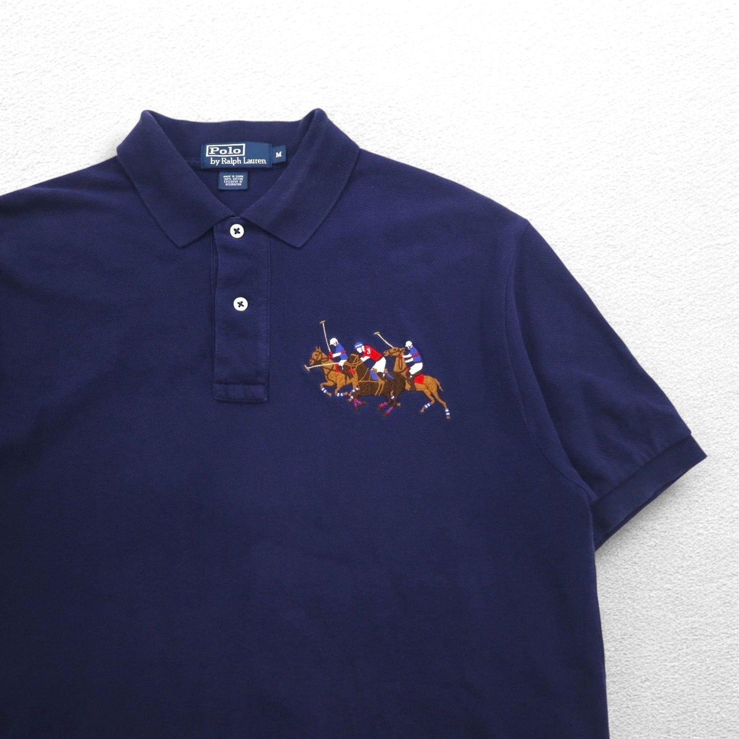 Polo by Ralph Lauren 90年代 ポロプレイヤー刺繍 ポロシャツ M ネイビー コットン 鹿の子