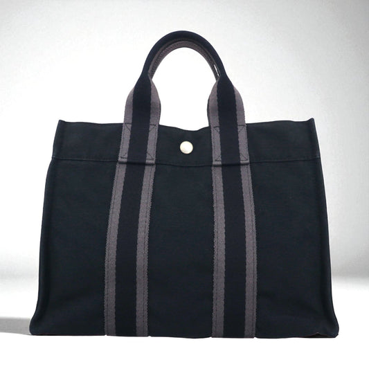 HERMES フールトゥ PM トートバッグ ハンドバッグ ブラック コットン キャンバス フランス製