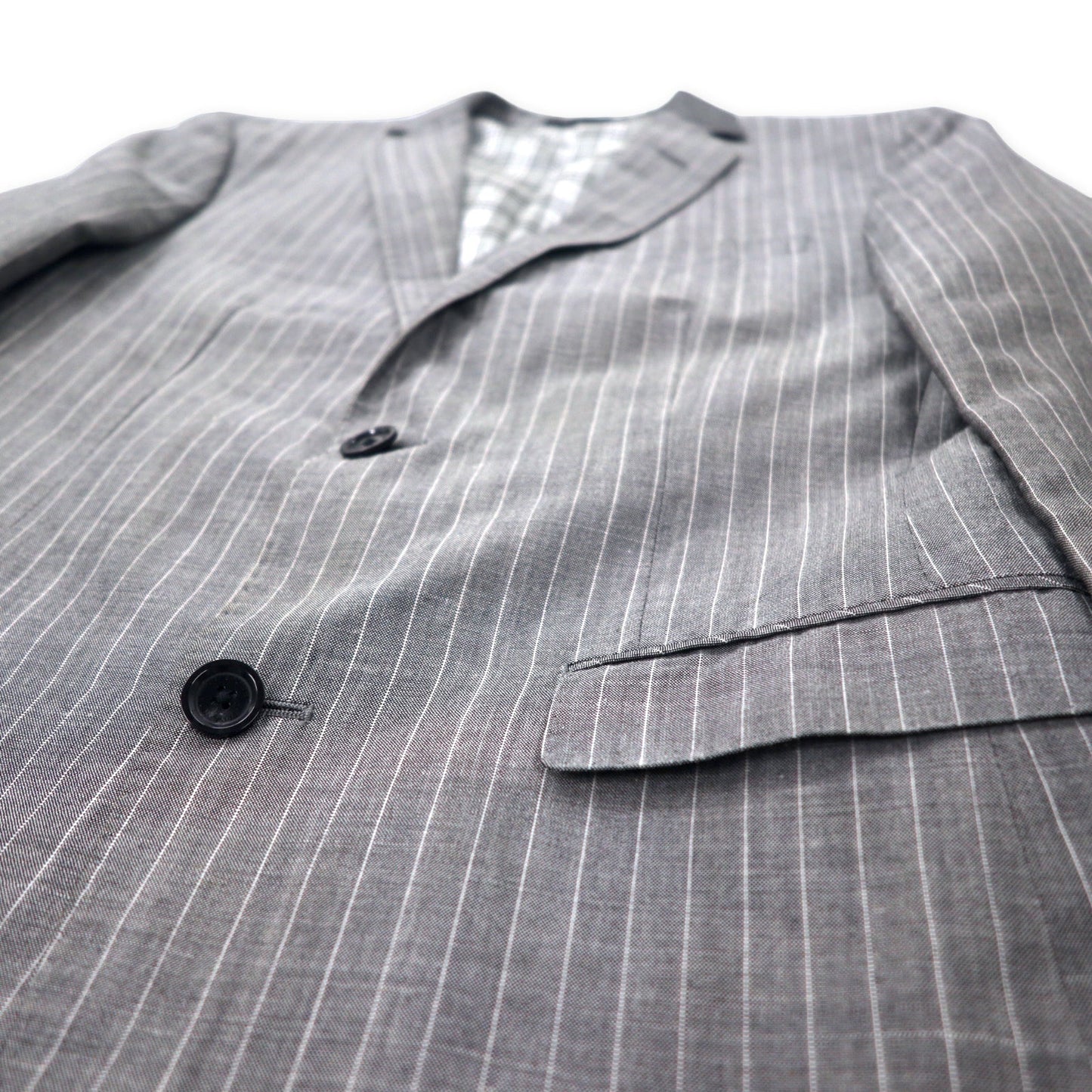 BURBERRY BLACK LABEL 2B テーラードジャケット S グレー ストライプ  ウール リネン混 裏地ノバチェック D1E22-383-06