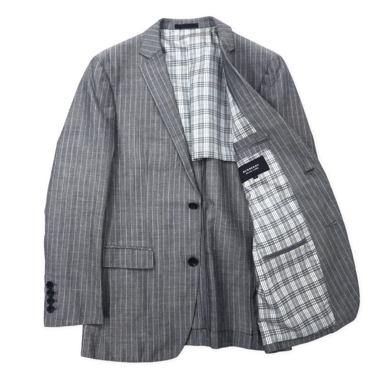 BURBERRY BLACK LABEL 2B テーラードジャケット S グレー ストライプ  ウール リネン混 裏地ノバチェック D1E22-383-06