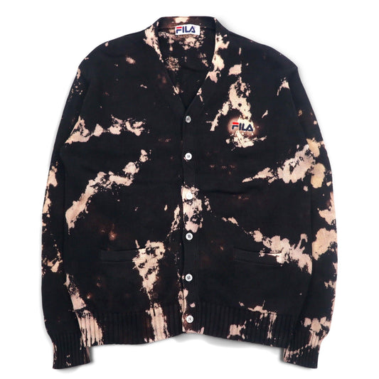 FILA 90年代 タイダイ コットンニット カーディガン L ブラック ブリーチ加工 ワンポイントロゴ刺繍