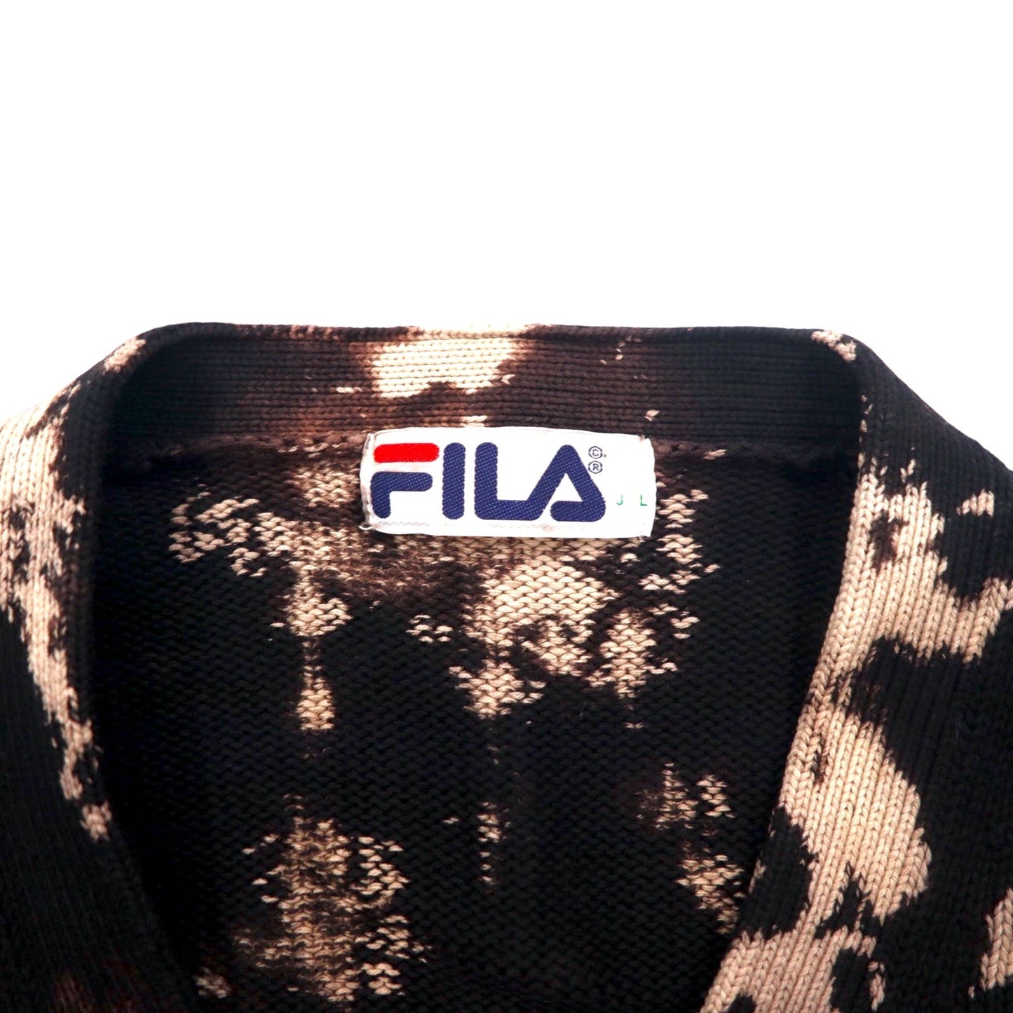 FILA 90年代 タイダイ コットンニット カーディガン L ブラック ブリーチ加工 ワンポイントロゴ刺繍