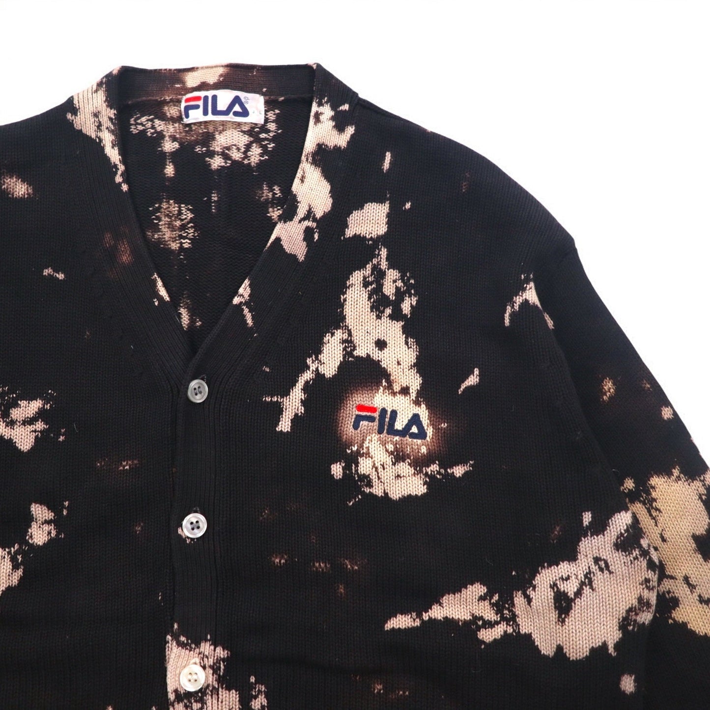 FILA 90年代 タイダイ コットンニット カーディガン L ブラック ブリーチ加工 ワンポイントロゴ刺繍