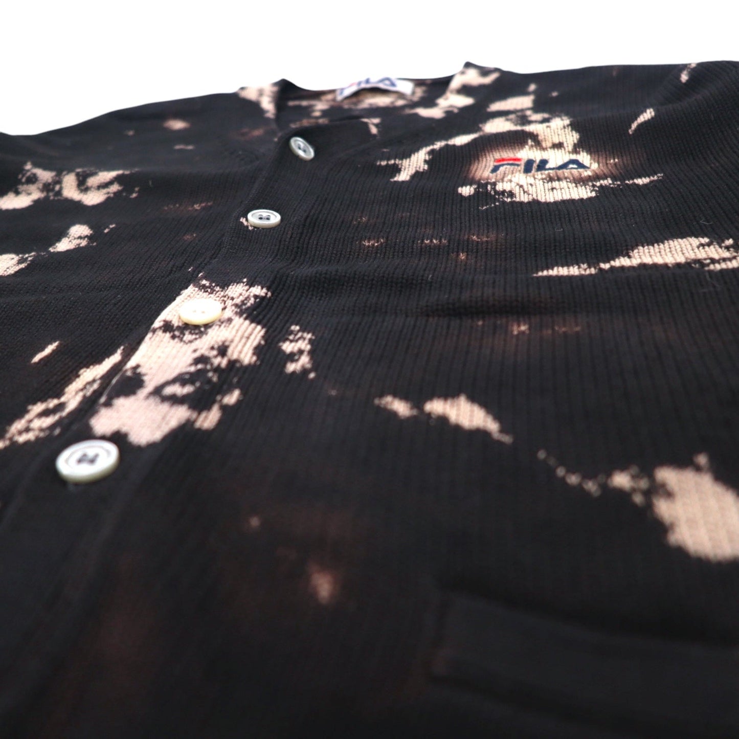 FILA 90年代 タイダイ コットンニット カーディガン L ブラック ブリーチ加工 ワンポイントロゴ刺繍