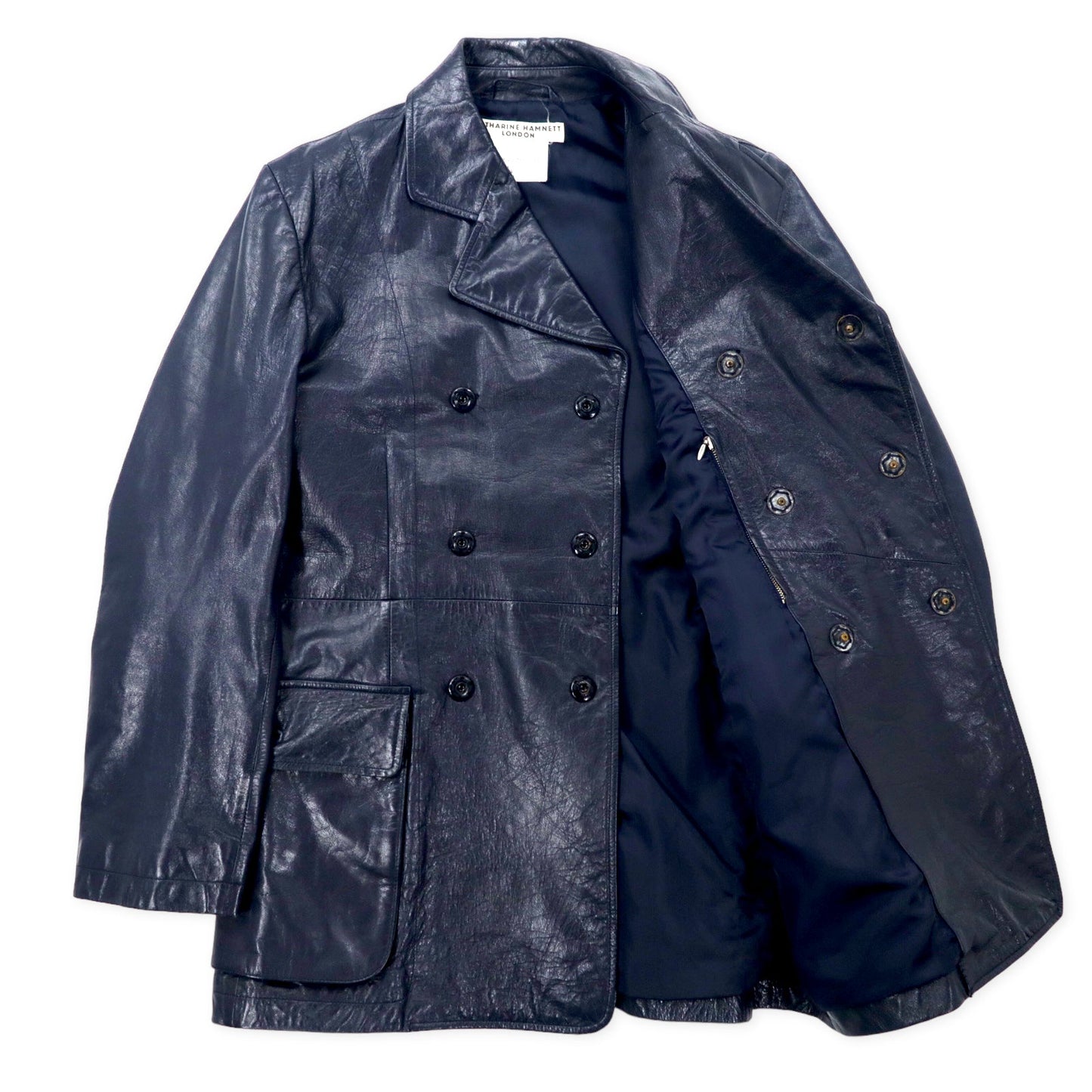 KATHARINE HAMNETT LONDON 90年代 ダブルブレスト レザーコート M ネイビー ゴートスキン 山羊革