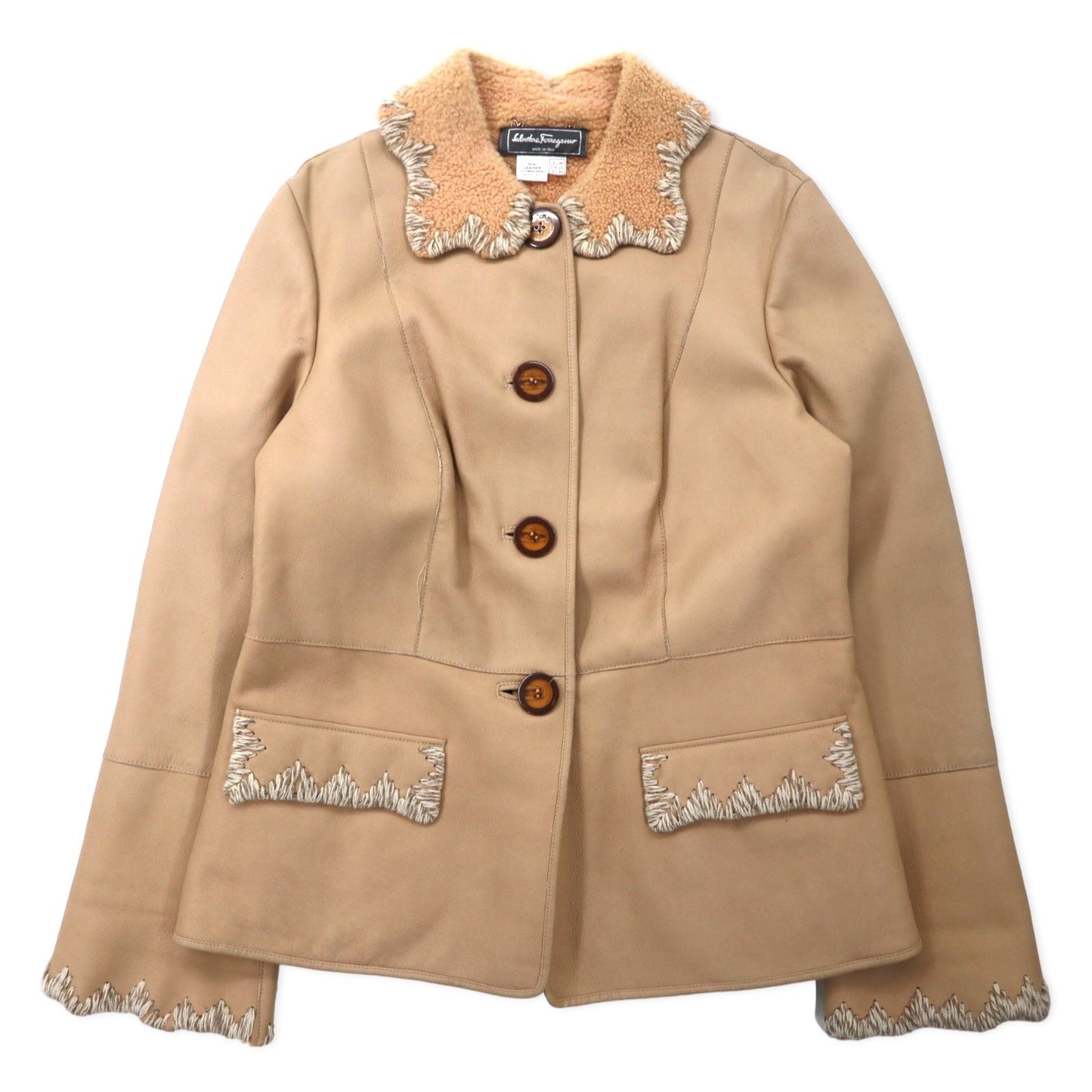 Salvatore Ferragamo イタリア製 ムートンジャケット 48 ベージュ レザー 刺繍 飾りボタン