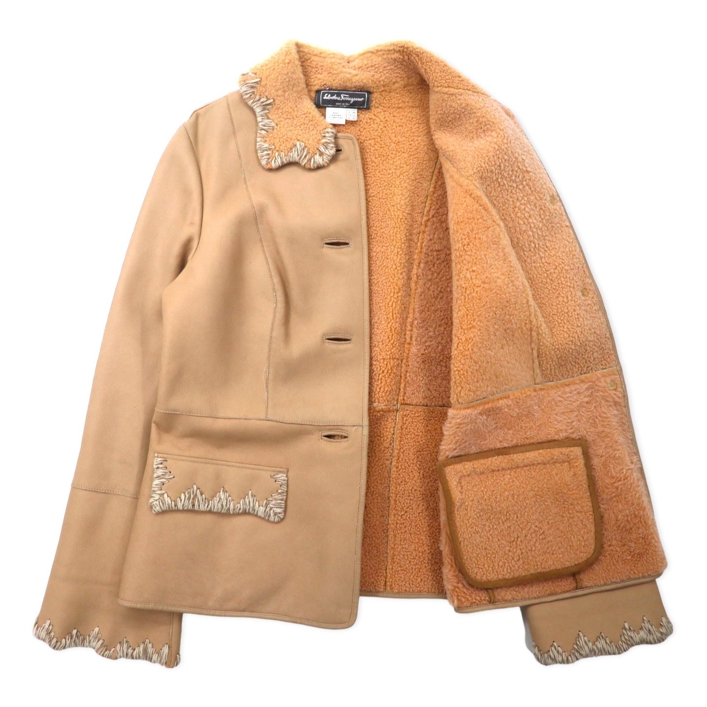 Salvatore Ferragamo イタリア製 ムートンジャケット 48 ベージュ レザー 刺繍 飾りボタン