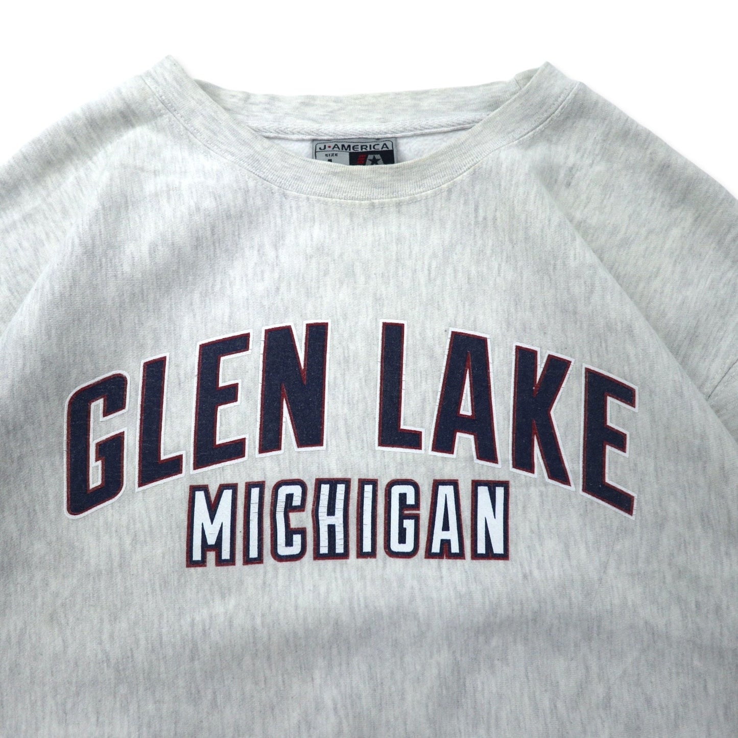 J AMERICA カレッジ プリント スウェット L グレー コットン パキ綿 GLEN LAKE MICHIGAN ビッグサイズ リバースウィーブ