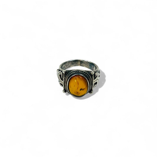 Vintage Silver Amber Ring ヴィンテージ オーバル 琥珀 ストーン リング 指輪 17号 シルバー 925