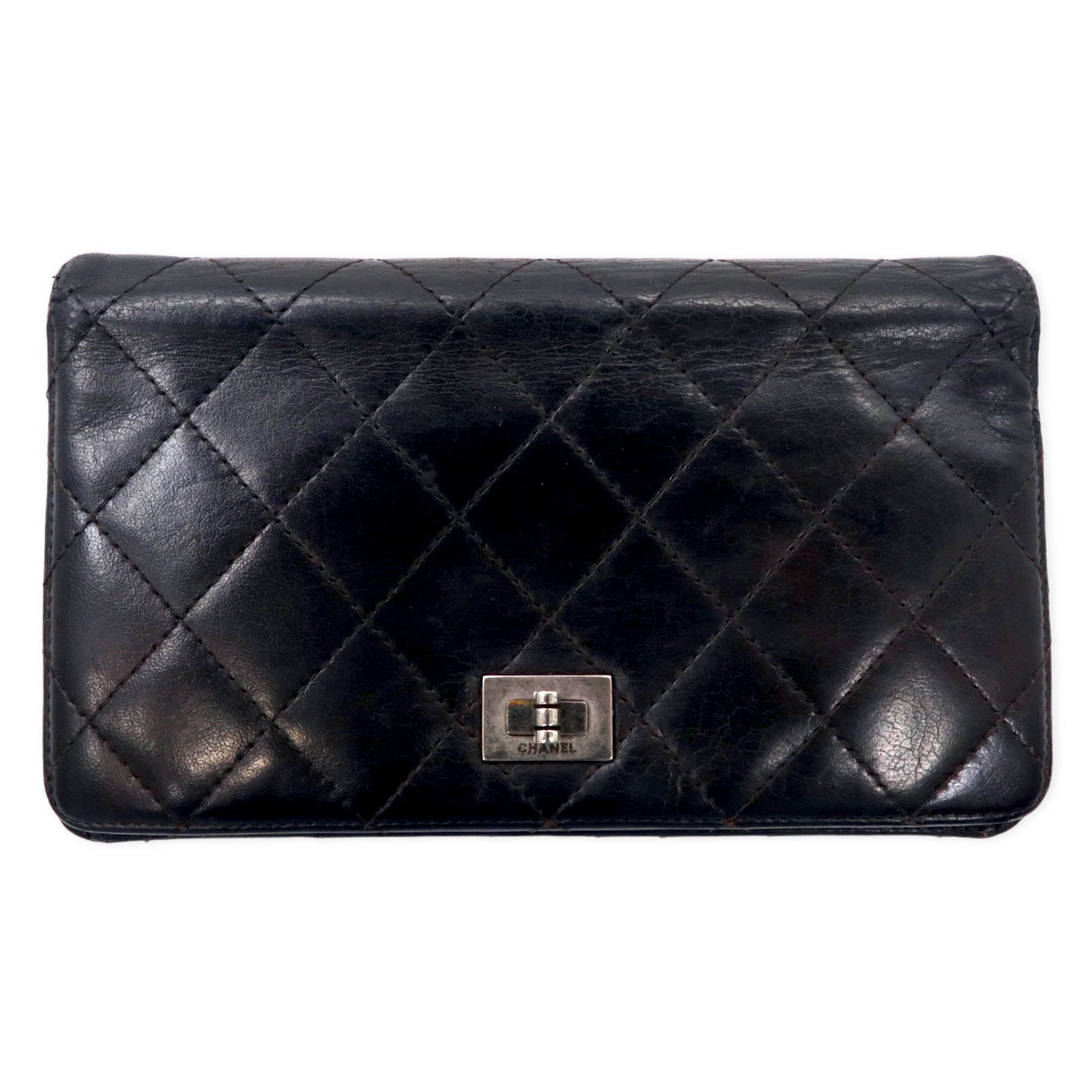CHANEL 2.55ライン マトラッセ 長財布 ブラック レザー キルティング フランス製