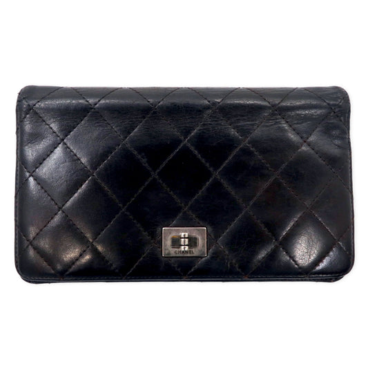 CHANEL 2.55ライン マトラッセ 長財布 ブラック レザー キルティング フランス製