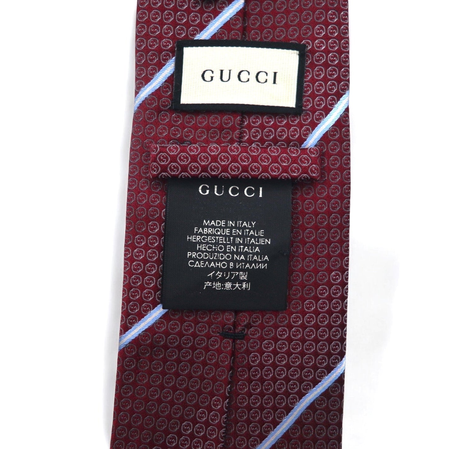 GUCCI イタリア製 ネクタイ ボルドー レジメンタル ストライプ シルク GGロゴ 現行タグ
