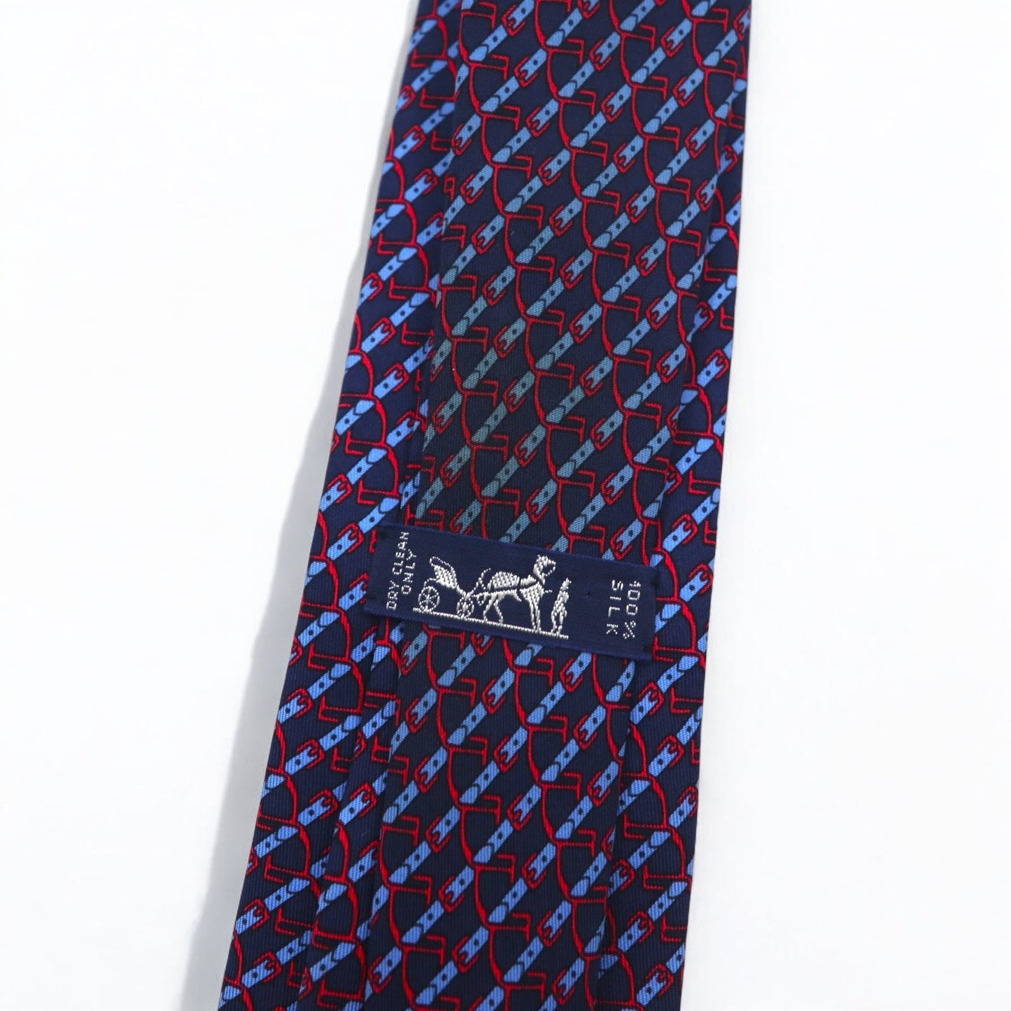 HERMES フランス製 ネクタイ ネイビー シルク 総柄 ストライプ ベルト 7020 TA