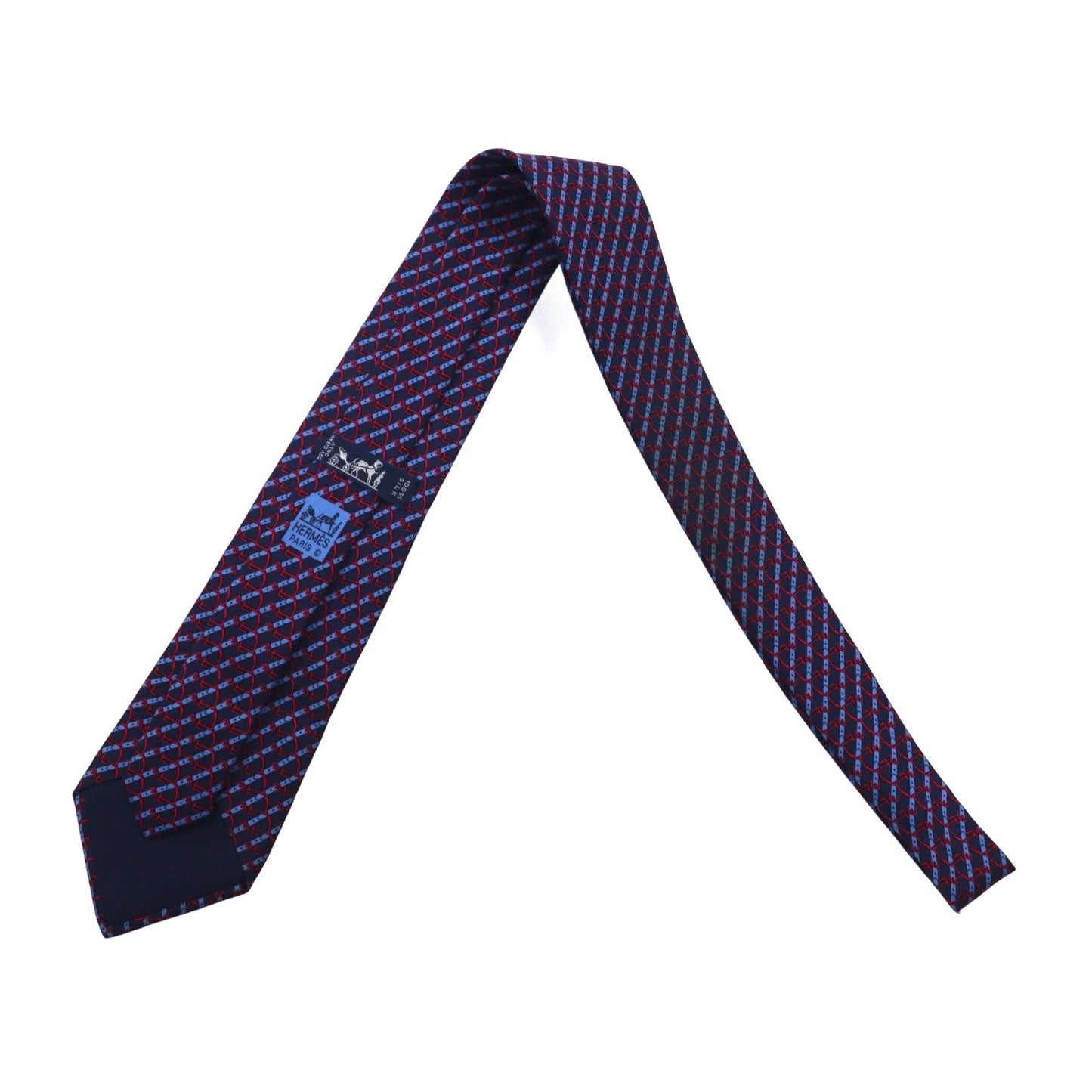HERMES フランス製 ネクタイ ネイビー シルク 総柄 ストライプ ベルト 7020 TA