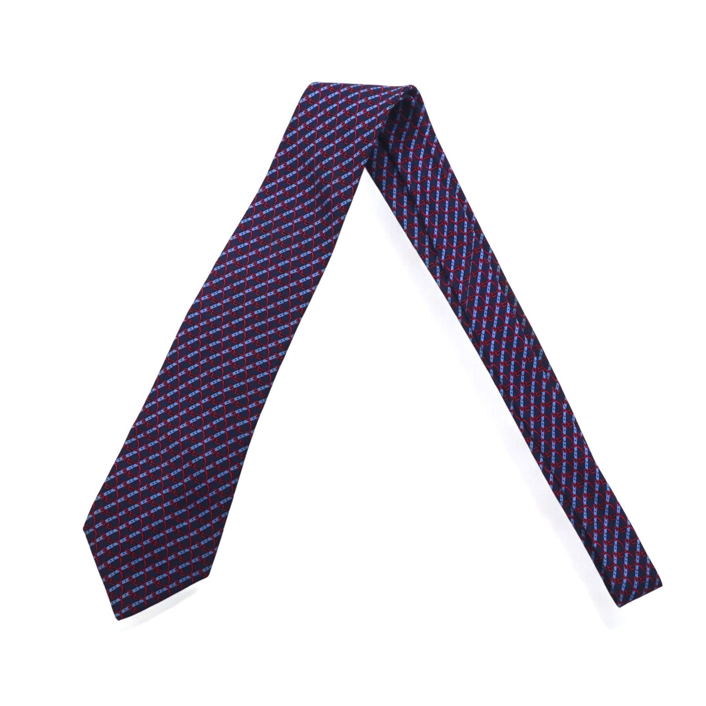 HERMES フランス製 ネクタイ ネイビー シルク 総柄 ストライプ ベルト 7020 TA